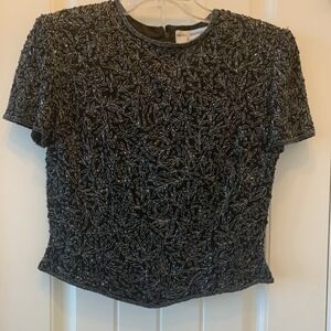 Papell Boutique Women's Evening Top Small 100% Silk Beaded Short Sleeve Black